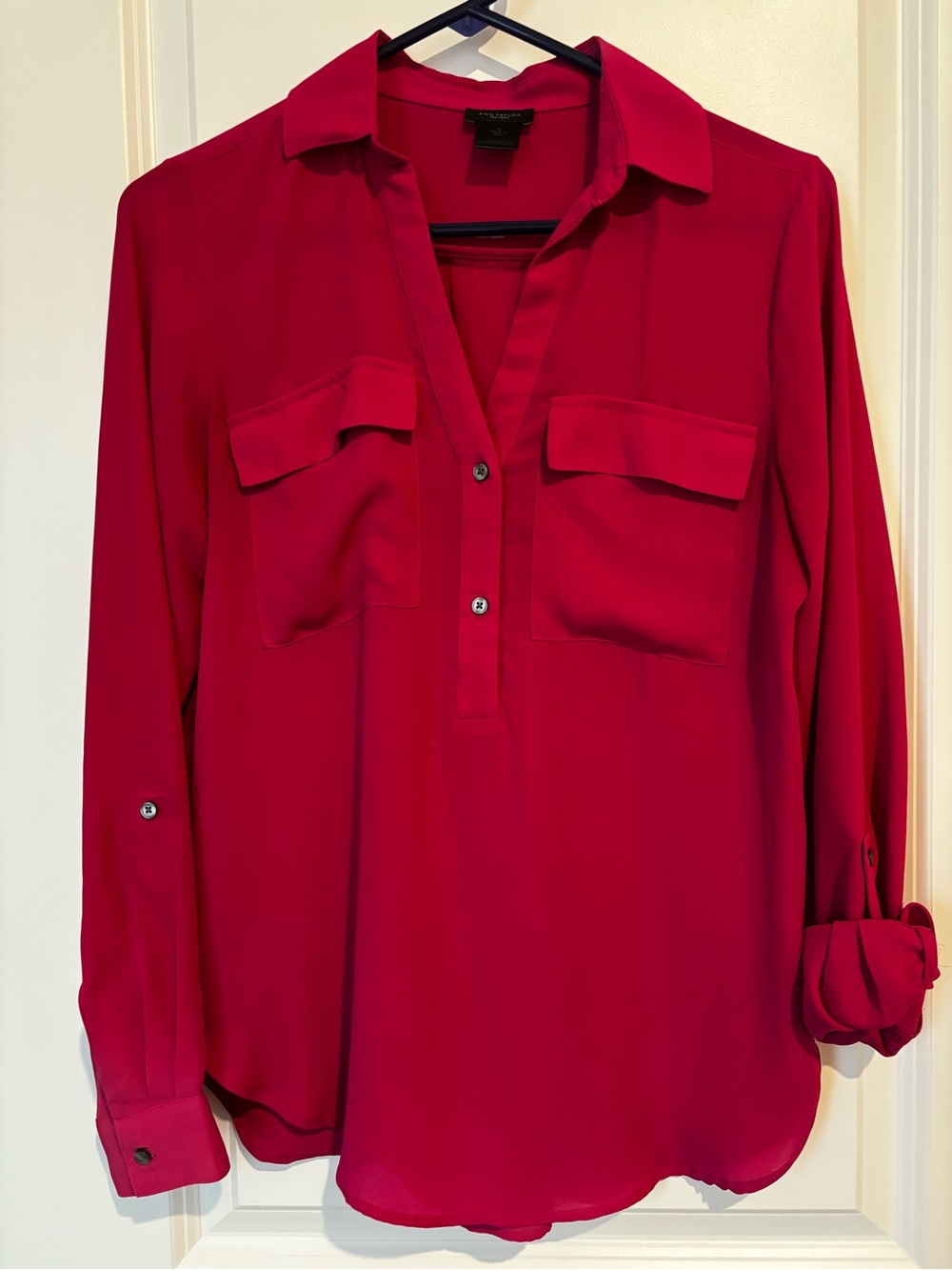 Ann Taylor Women's Fuchsia Split-Neck Button-Front Blouse